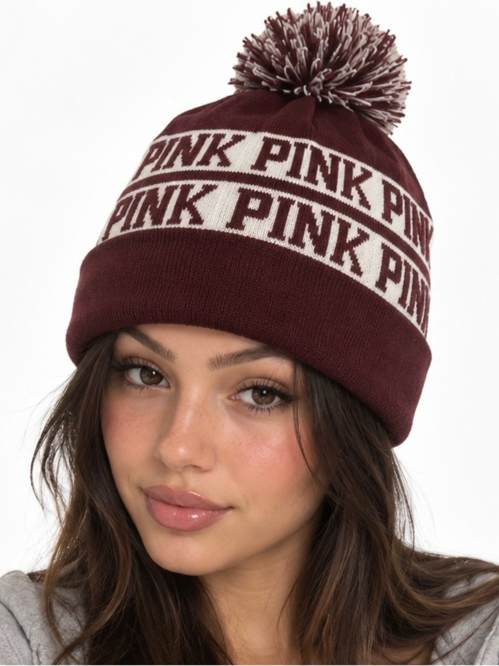 PINK Victoria’s Secret Burgundy Logo Pom Beanie Y2K Winter Hat
